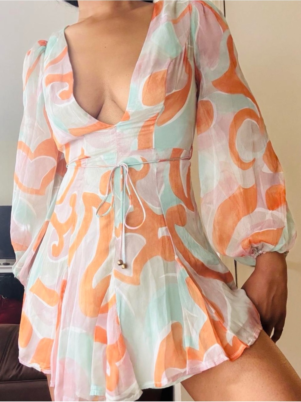 Hello Molly Orange & Mint Abstract V-Neck Puff Sleeve Mini Dress